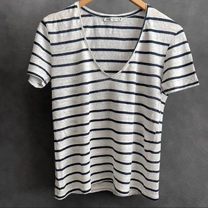 ZARA 100% Linen T Shirt Short Sleeves V-Neck White Navy Blue Stripes EUC Size XS